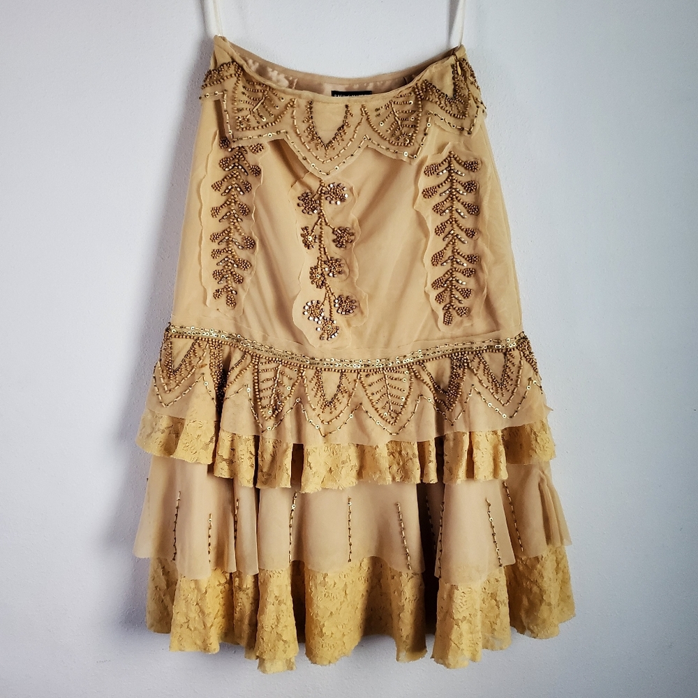 Basil & Maude Anthropologie Beaded Lace Tulle Midi Skirt Womens M Neutral Boho